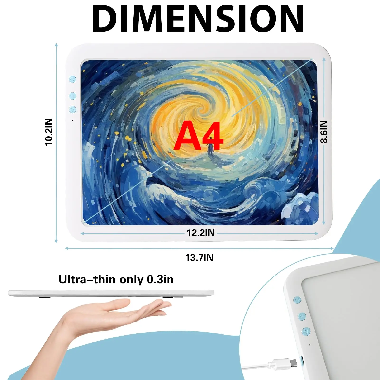 매우 밝은 A4 라이트 박스, 3500mAh 배터리, 6 디밍 레벨, 3 색 온도, 태킹, 다이아몬드 페인팅용, 10000Lux