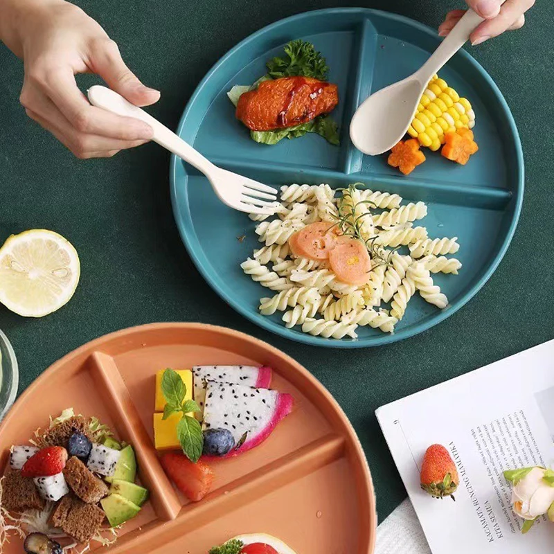 Divided Dish In 3 Diet Reusable Round Dinner Plate Kitchen Dinnerware Portion Plates Adults 3 Compartments Plates Balanced Meals