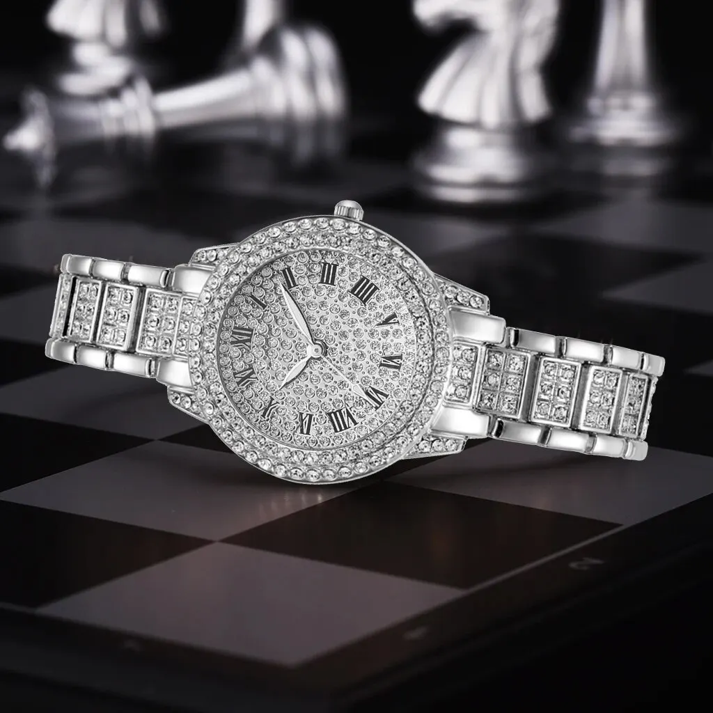 1 Female Silver Alloy With Charming Four Shot Rhinestone Embellishment Circular Dial Quartz Watch And 1 Love Decoration 4