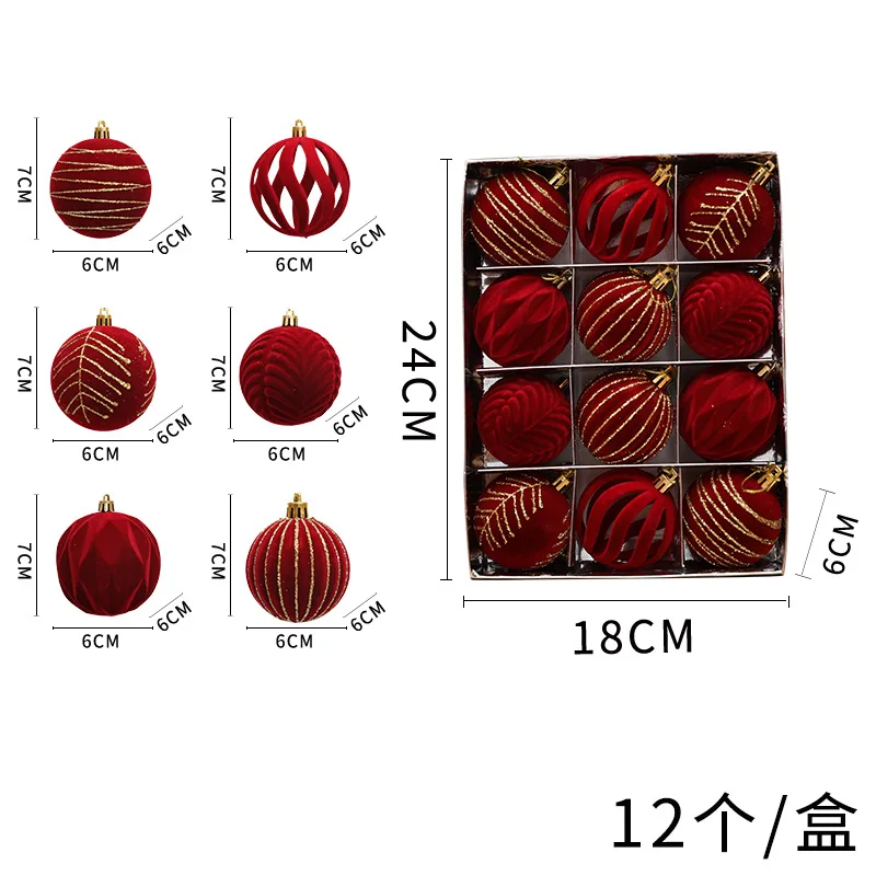 thumbnail image 1 of Juego de 12 bolas de terciopelo rojo pintadas para Navidad, decoración para árbol de Navidad, colgante de bola colgante de 6 cm, adornos navideños, bola de terciopelo, 1 of 5