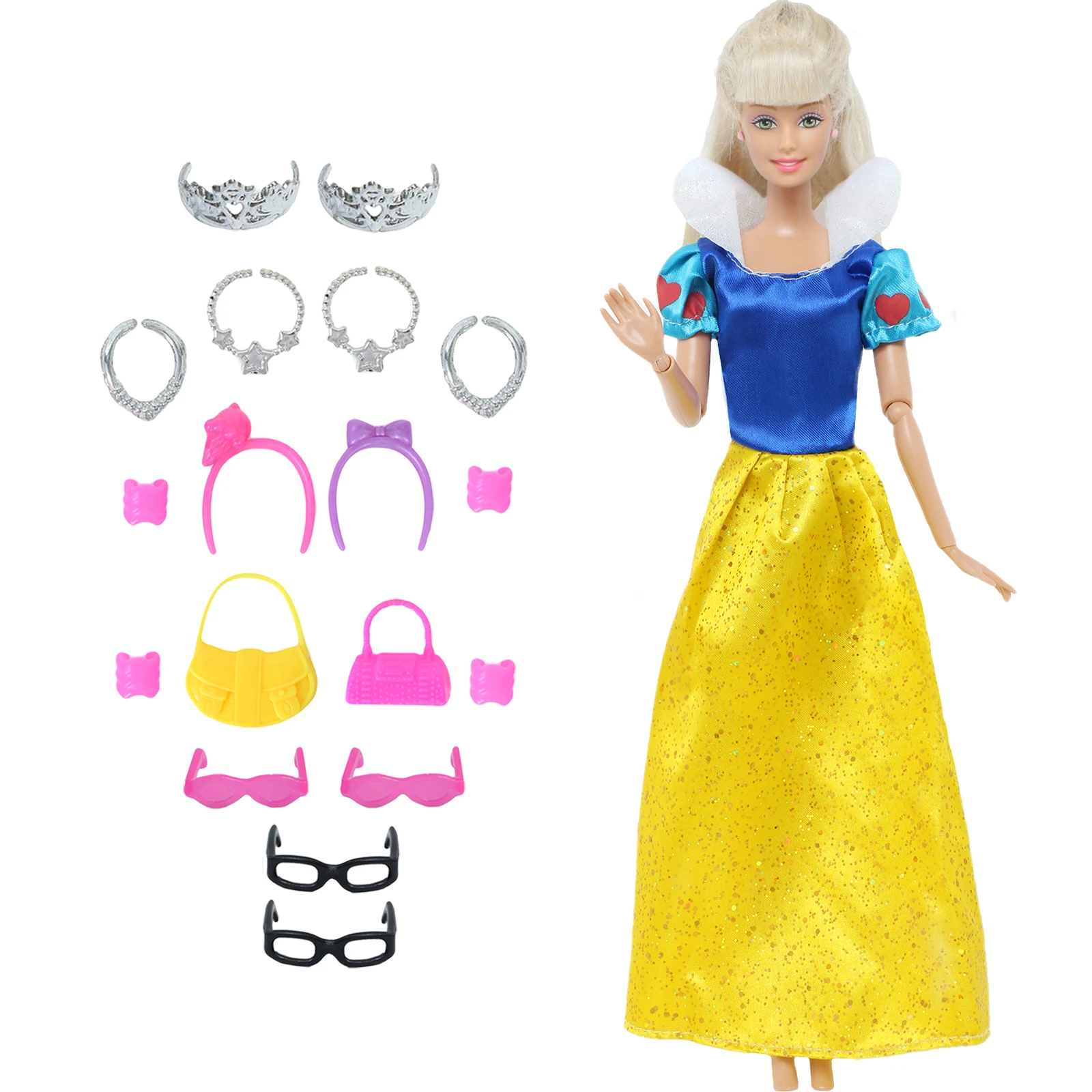 14 Pcs / Lot = 1x Fairy Tale Doll Dress + 13x Random Accessories Shoes Handbag Glasses Clothes for 11.5'' Doll Girl Baby Toys
