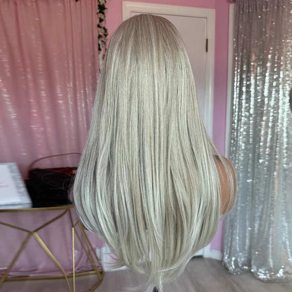 Creamy Ash Blonde Platinum Balayage Straight Wig Premium Human Hair Blend HD Invisible Lace Front Wig 13x4 Free Part