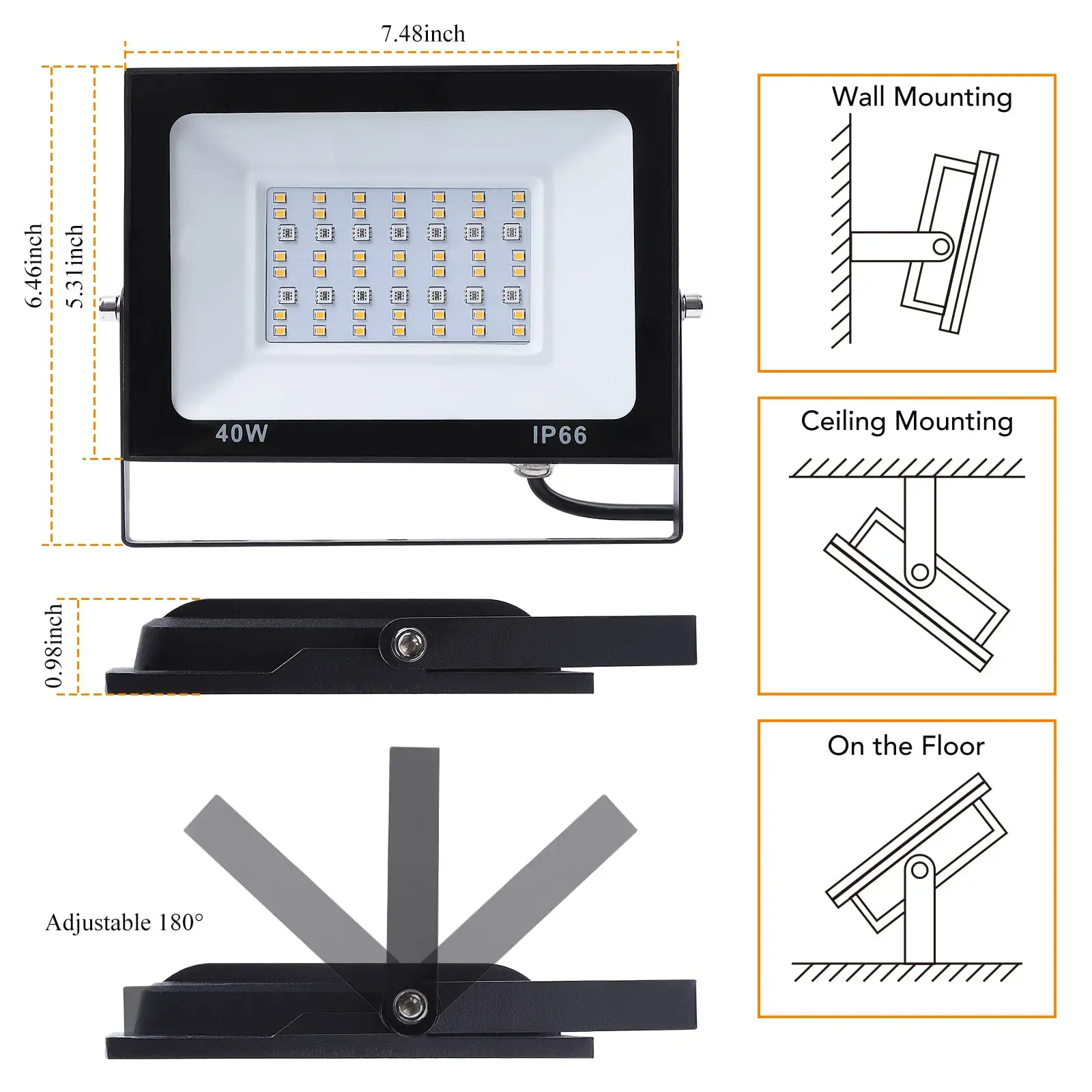 2Pcs LED Flood Light Outdoor, 400W Equivalent RGB Floodlight with Remote, 4000 Lumens 3000K 256 Colors Uplight with Mode