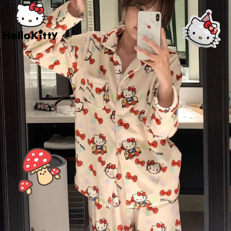 

Kawaii Hello Kitty Coral Velvet Pajamas For Women Sanrio Winter New Cute Cartoon Home Clothes Sweet Y2k Girl Sleepwear Two Piece
