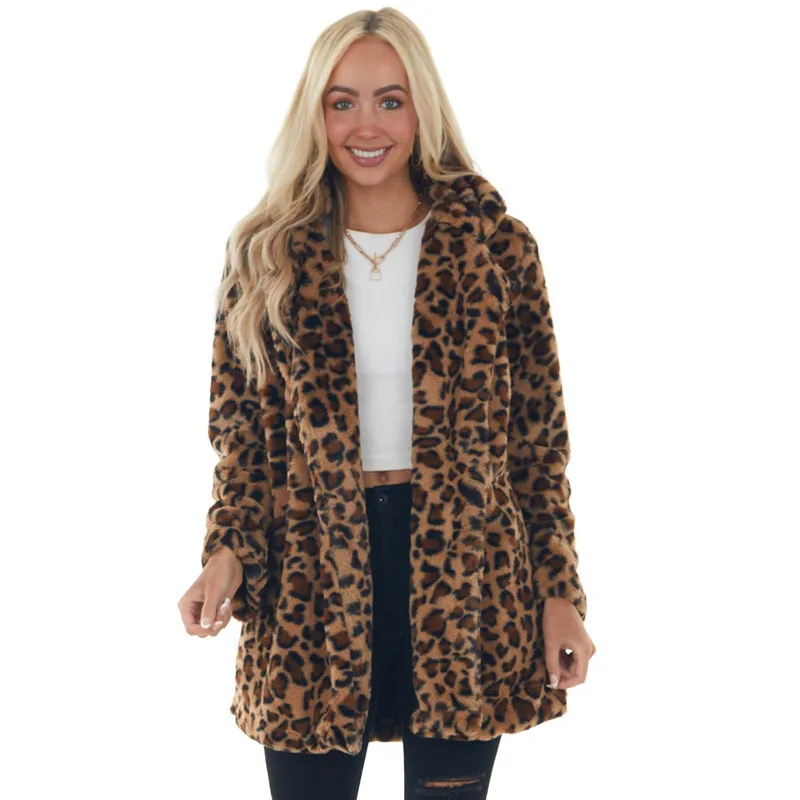 

Euro Autumn and Winter Leopard Women's Coat Fashion Imitation Fur Pockets Loose Fur Coat