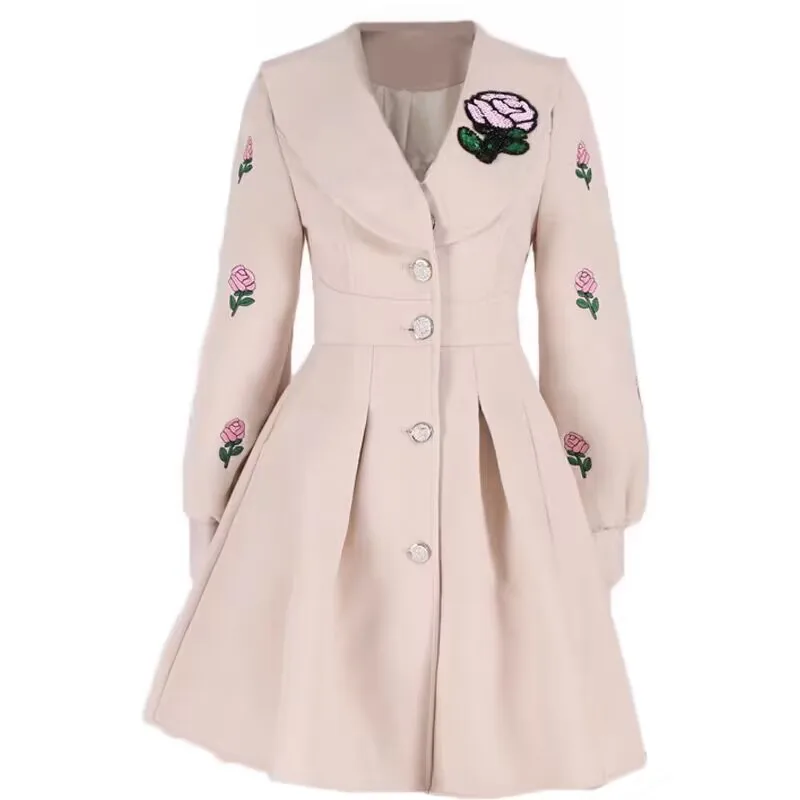 

Beige Embroidered Long Sleeved Woolen Jacket Women's Coat Slim Fit, Medium Length Jacket, 2023 Winter Thickened New Style