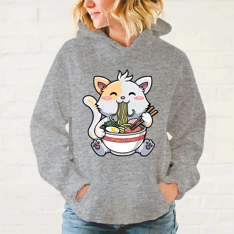 thumbnail image 1 of Sudadera con capucha para hombre y mujer, suéter holgado de manga larga con estampado de Ramen de gato, Tops informales con personalidad, 1 of 5