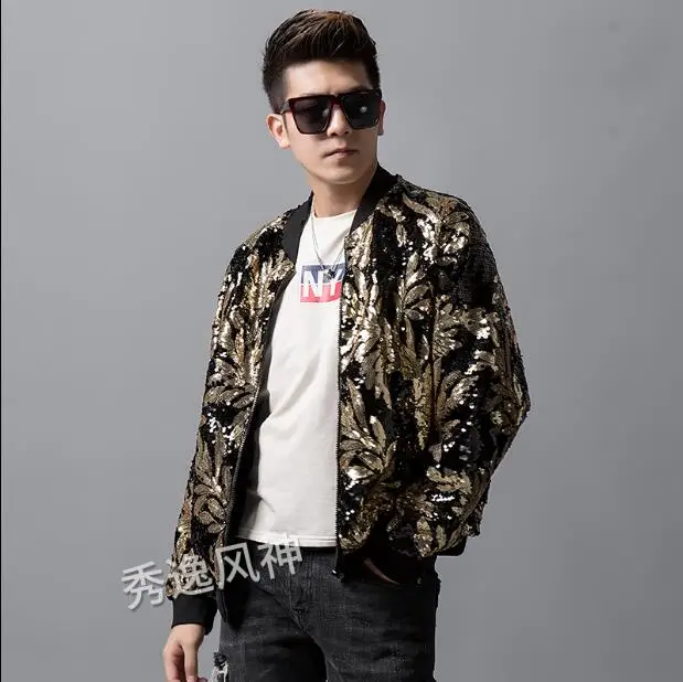 

Autumn Leaves Sequins Pattern Handmade Jacket Men Fashion Slim Long Sleeve Jacket Nightclub Singers DJ Casual Stage Coat