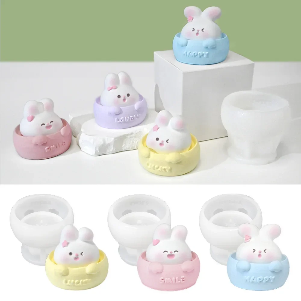 3D Cartoon Cup Smile Bow Rabbit Candle Making Molds Flower Animal Bunny Painting Plaster Soap Silicone Mould Birthday Cake Decor