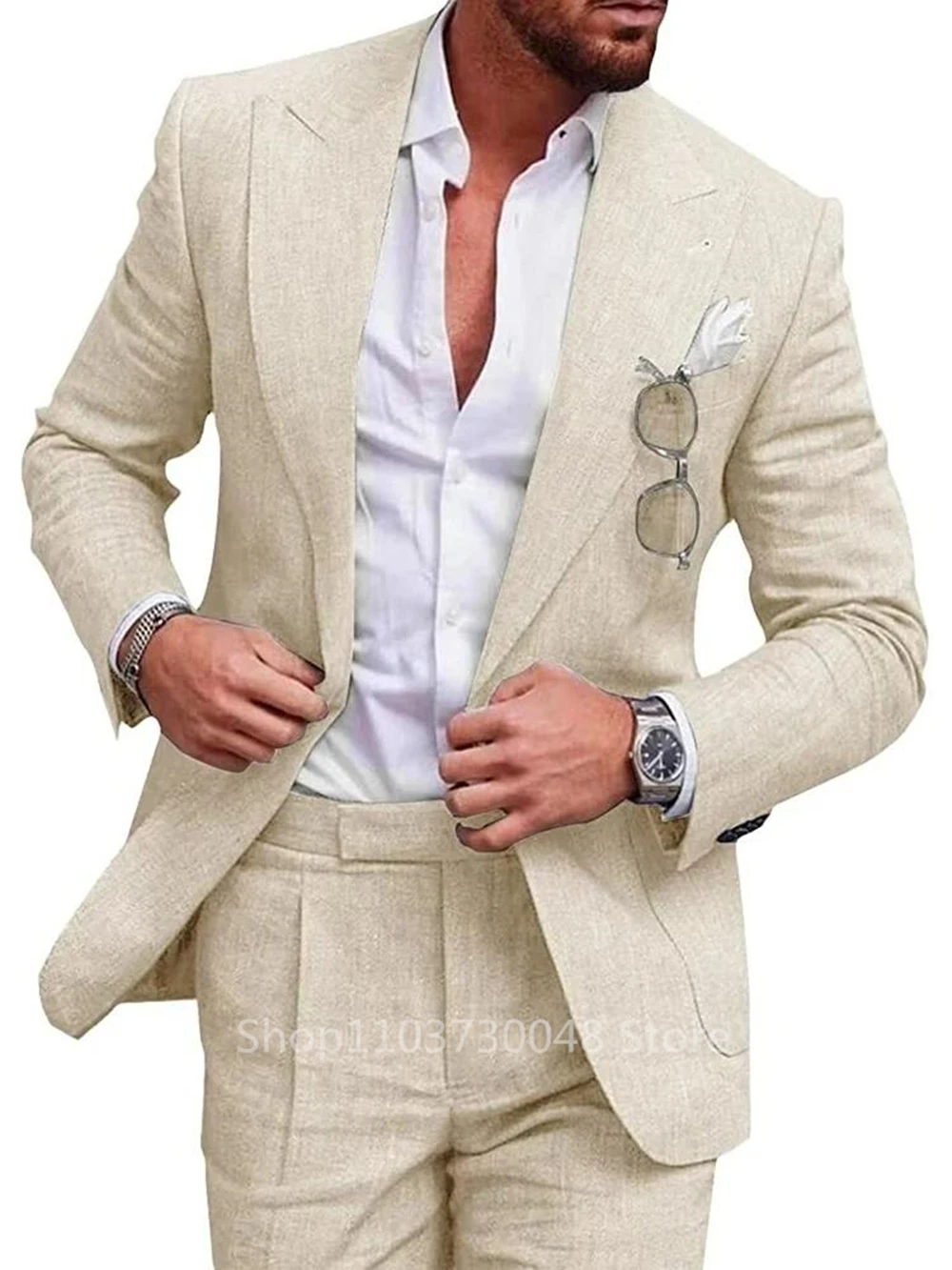 Light Blue/Beige Linen Wedding Men Suit Casual Single Breasted Slim Fit Blazer Pants High Quality Summer 2 Piece Costume Homme 5