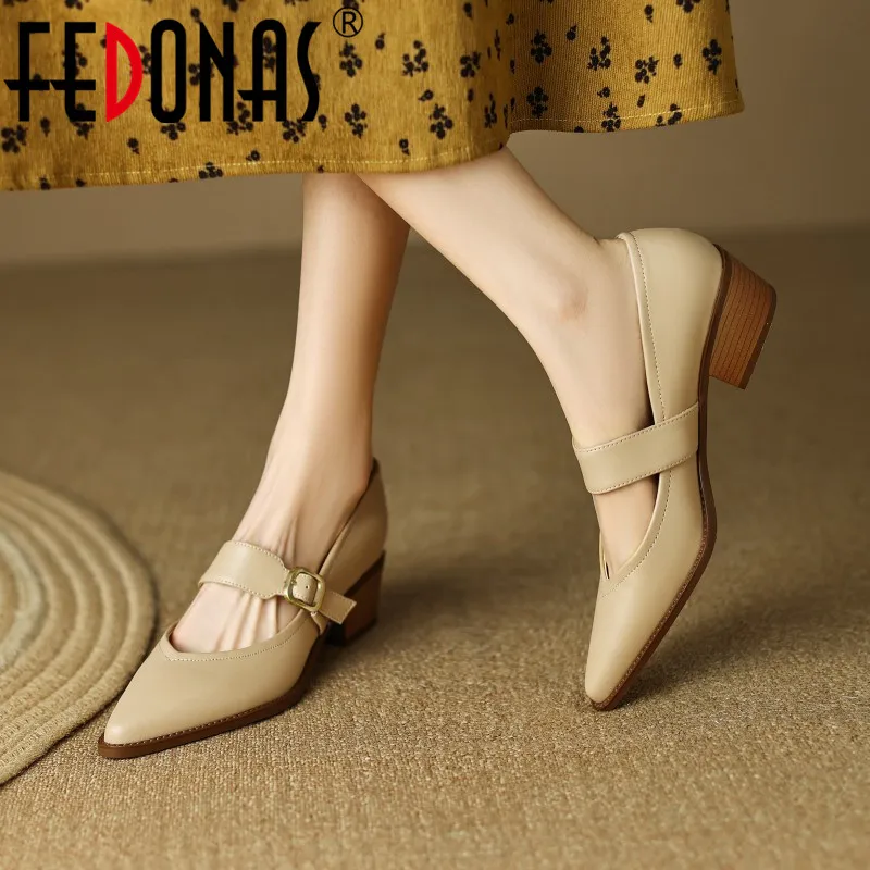 

Женские туфли-лодочки с острым носком FEDONAS, зеленые элегантные туфли из натуральной кожи на толстых каблуках с ремешком с пряжкой для офиса на весну-осень 2019