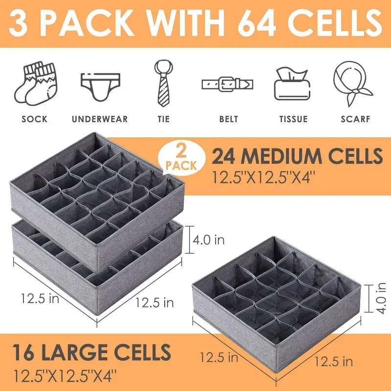 1/2/3 Pack Gray Sock Underwear Organizer Dividers 16/24/64 Cell Fabric Foldable Closet Organizers Storage Boxes for Storing Sock 5