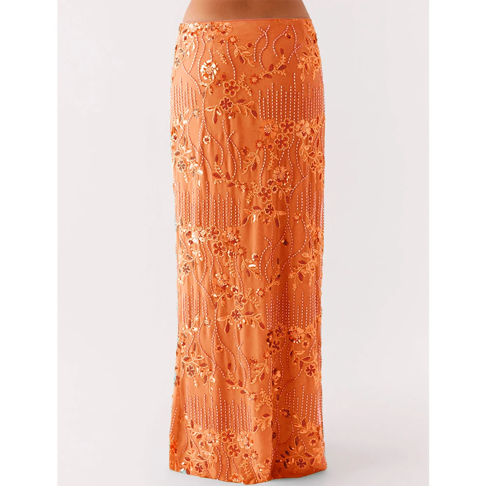 Women Sequins Sexy Maxi Skirts Summer y2k Pearl Embellished Glitter Low Waist Elegant Clubwear Sparkle Bodycon Long Skirts 1