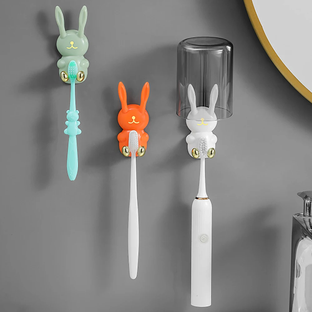 Toothbrush Holder Cartoon Rabbit shaped Wall Mounted Traceless Hook Multifunctional Storage Bathroom Kitchen 1pcs