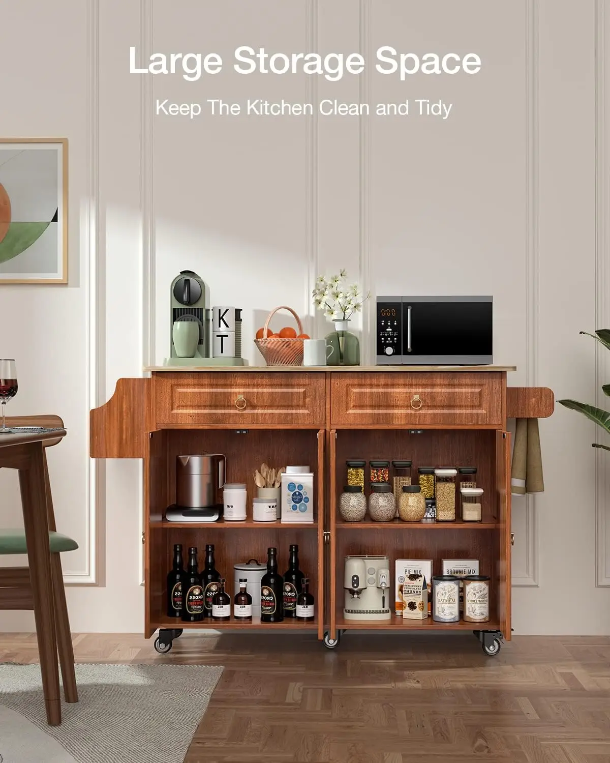 Kitchen Island with Drop Leaf and Storage on Wheels Two Drawers Large Storage Cabinet Towel Rack Spice Cart Brown