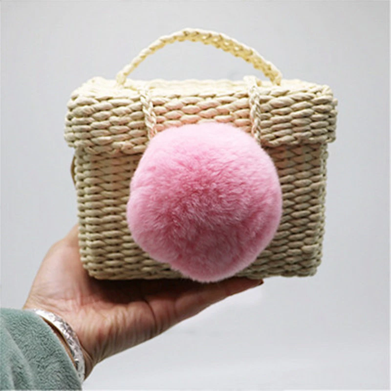 

Straw Tote Ball Decoration Women Summer Beach Bag Cover Basket Shape For Travel Lined with Handmade Drawstring Bag