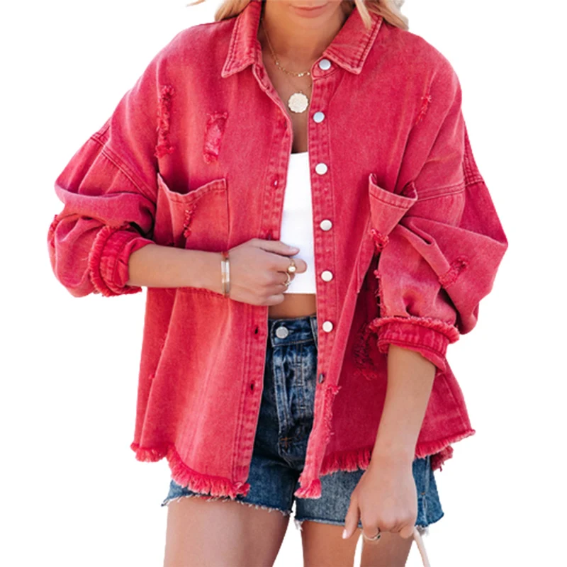 

Vintage Broken Holes Splicing Bust Double Pockets Denim Jacket Women Sweet Style Solid Color Single-breasted Cardigan Coat Lady