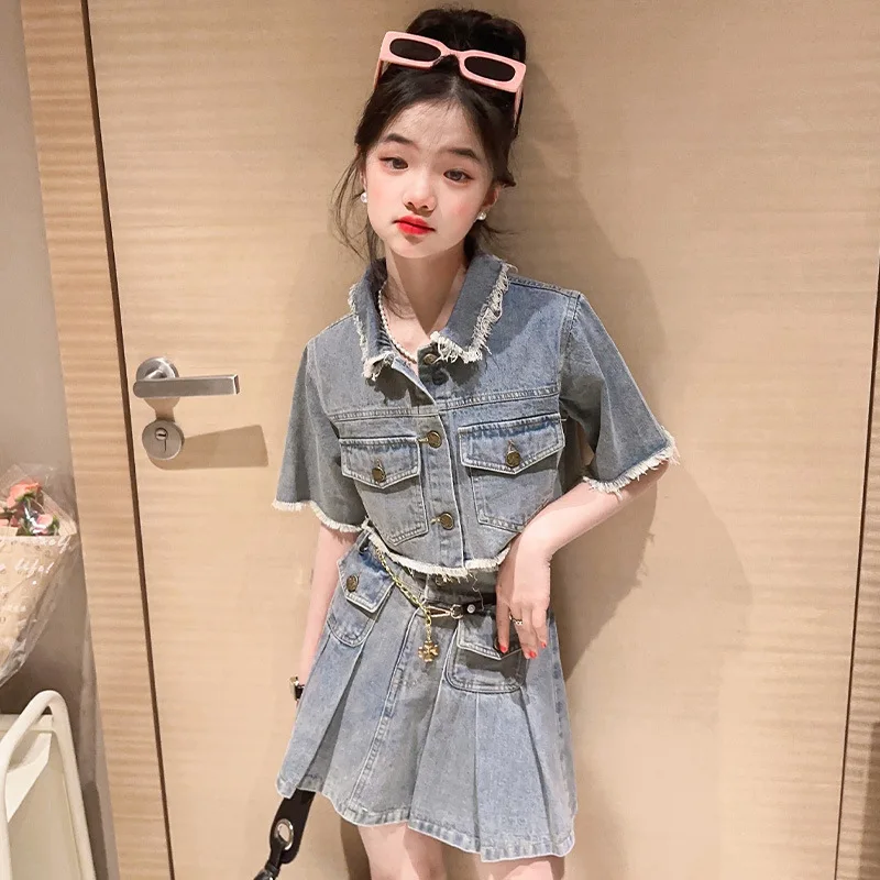 

Korean Spring Autumn Junior Girl 2PCS Clothes Set Teenager Girl Denim Short Shirt+Pleated Skirt Sets Girls From 4-12 Years Old