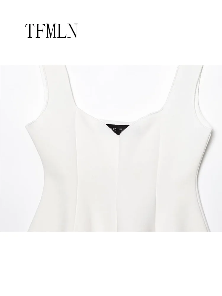 TFMLN 2025 Summer Women Solid Skirt Hem Tops Fashion Square Collar Sleeveless Slim Camisole Top High Street Ladies Causal Shirt