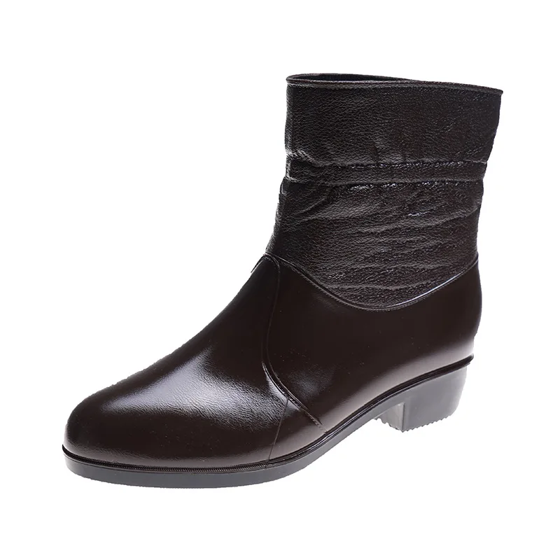 2023 Women Heels Pointed Toe Rain Boots Mid-calf Waterproof Rain Shoes Patchwork Wellies Shoes For Woman