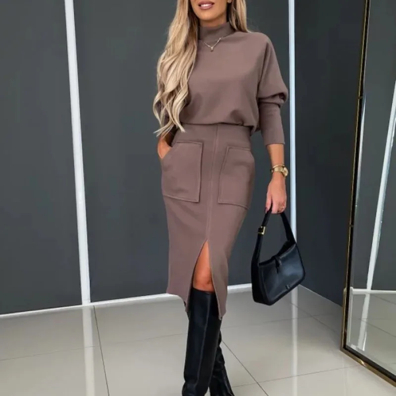 Chic Commute Office Outfits Lady Solid Turtleneck Top And Slim Slit Pocket Skirt Suits Elegant Women Knitted Skirt Two Piece Set