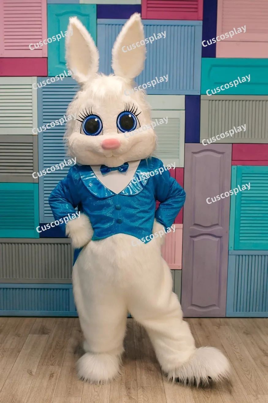 Cute White Hare Rabbit Blue Suit Easter Bunny Mascotte Fancy Cartoon Mascotte Costume Peluche Fancy Dress Costume Della Mascotte