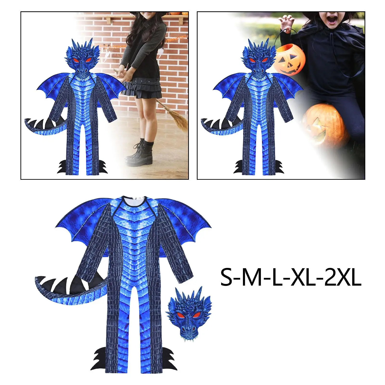 Kids Cosplay Costume Deadly Dragon Costume Role Play Halloween Imaginative Play Child Dragon Wing Tail Mask Set for Masquerade Carnivals Photo Props