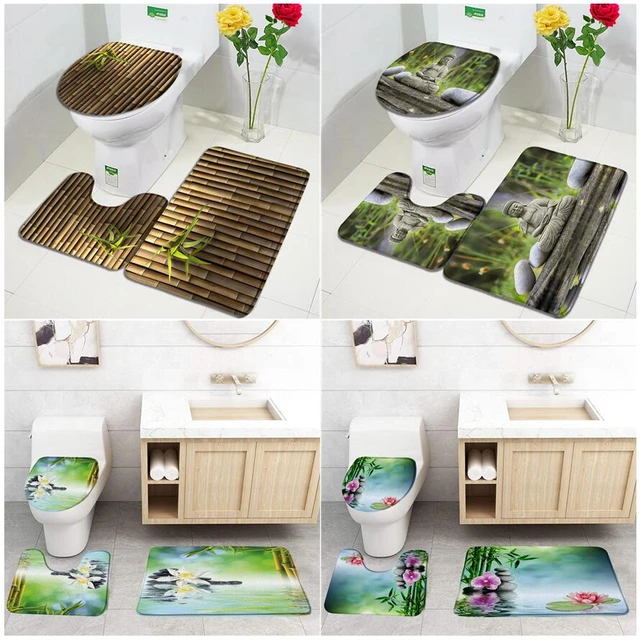 Set of 3 Zen Bathroom Rugs White Flowers Green Bamboo Stone Scenery Low  Pile Memory Foam Bath Mat Toilet Cover U-Shaped Carpet - AliExpress