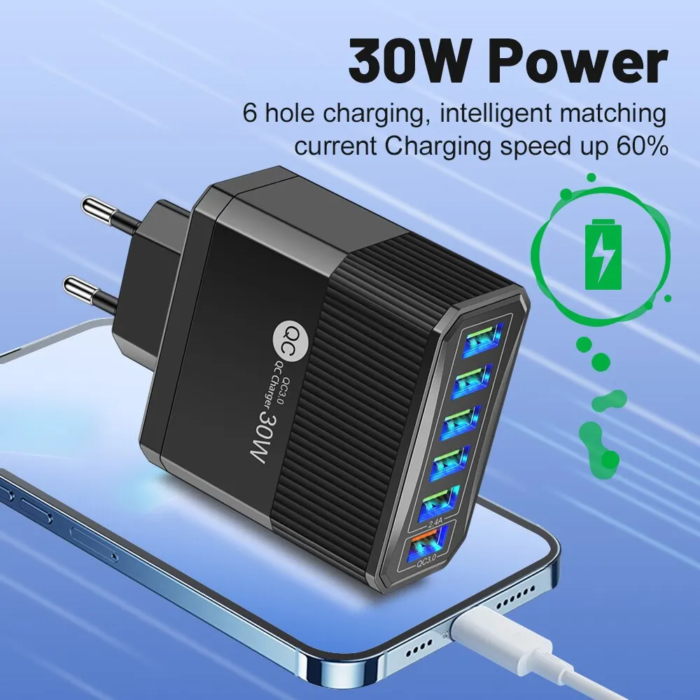 30W USB Charger 6 Ports Fast Charging Phone Travel Charger QC3.0 USB Phone Charger Adapter For iPhone Xiaomi Samsung EU/KR Plug