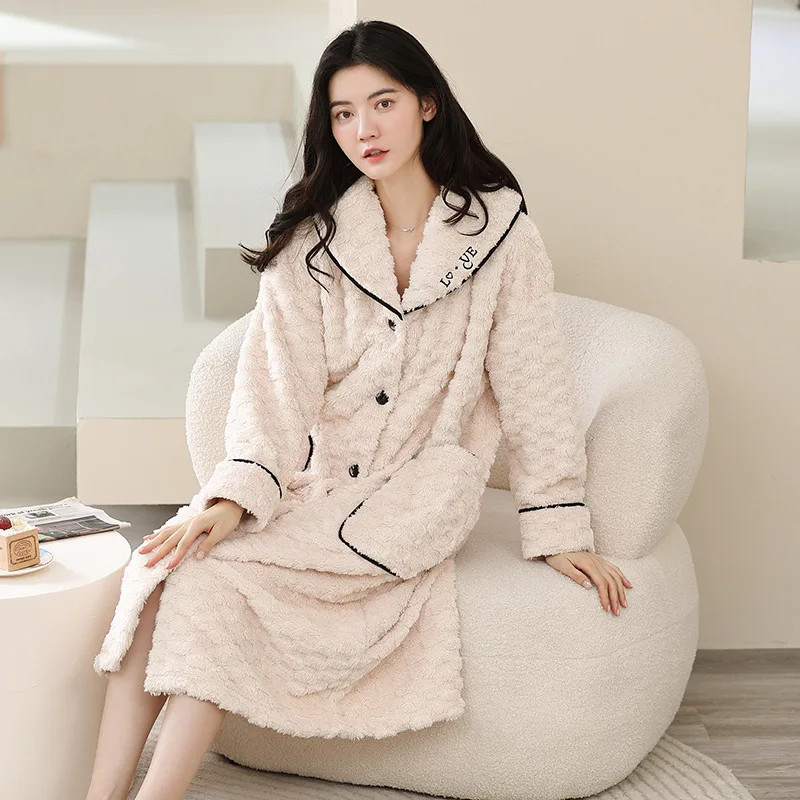 

Милый фланелевый банный халат для взрослых, одежда для сна, женский халат, ночная рубашка, плотный теплый халат, зимняя флисовая Пижама кораллового цвета, женский халат