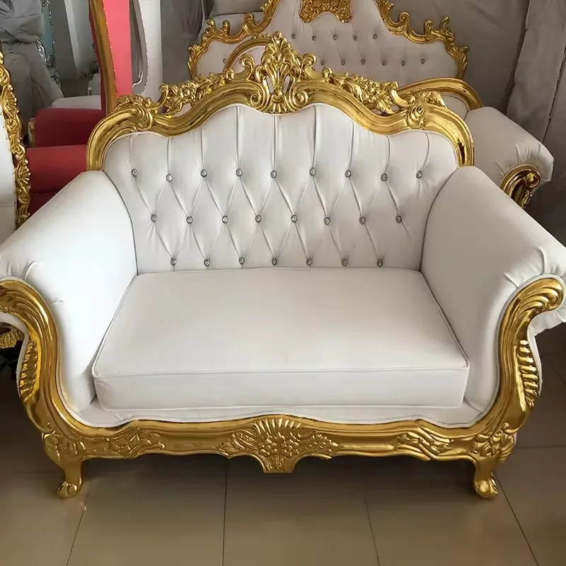 Antique European Style Luxury Golden Stainless Steel Leg King Throne Chair For Wedding Double Seat Leather Sofa for Hotel
