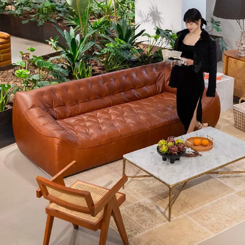 

Middle ancient style high-end oil wax leather French retro small unit straight row full leather sofa, leather art bean bag sofa