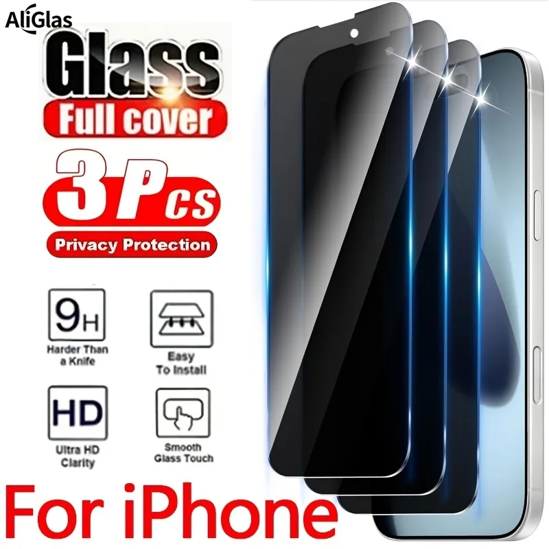 iPhone 11 12 13 14 15 16 17 Pro Max için 3'lü Gizlilik Ekran Koruyucu Temperli Cam, iPhone 16 15Plus 16E Air XR XS Cam için