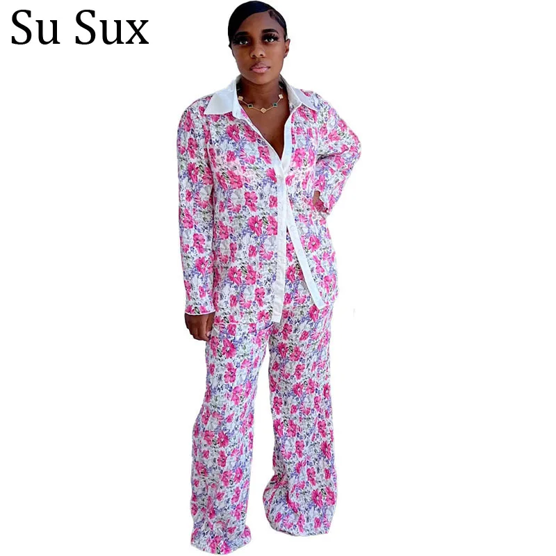 

Floral Print Pant Suits Tracksuit Women Two Piece Set 2022 Autumn Loose Turn Down Collar Blouse Shirt and Wide Leg Outfits New