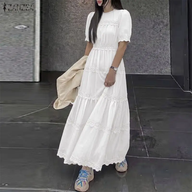 ZANZEA 2026 Women Lace Dresses Sexy Solid Maxi Long Dress Summer Short Sleeve Bohemian Beach Sundress Party Robe Femme Oversized 2