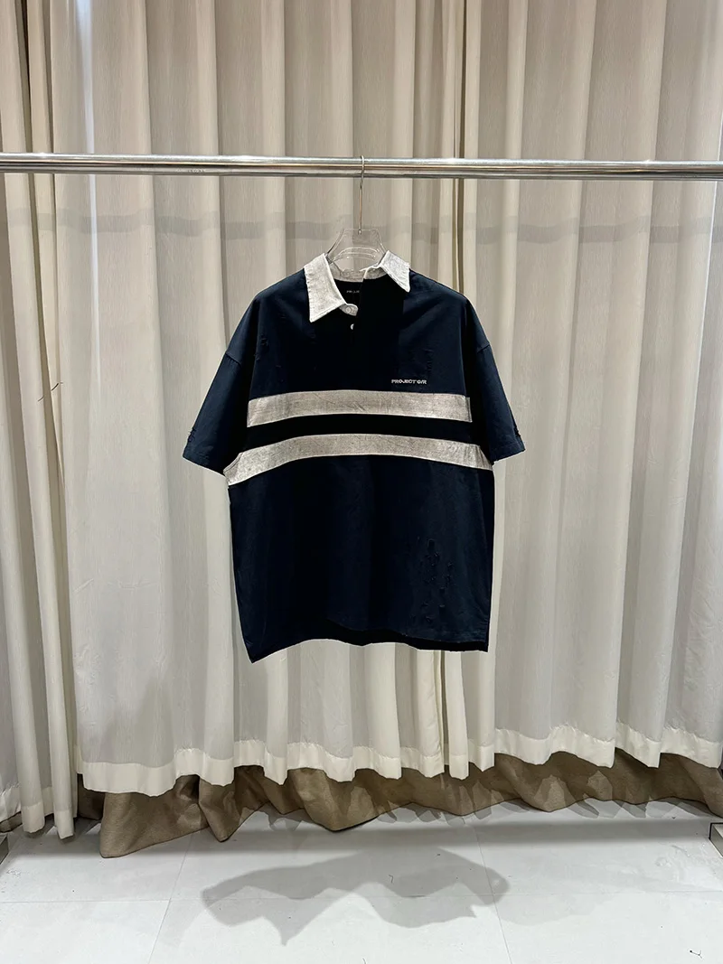 Hip Hop Vintage Washed Black Dirty Damaged PROJECT G/R Polo Shirts Men Women Casual Oversized Logo Embroidery Striped Shirt 13 S28912d256c7a4b8bac38558044a52657c