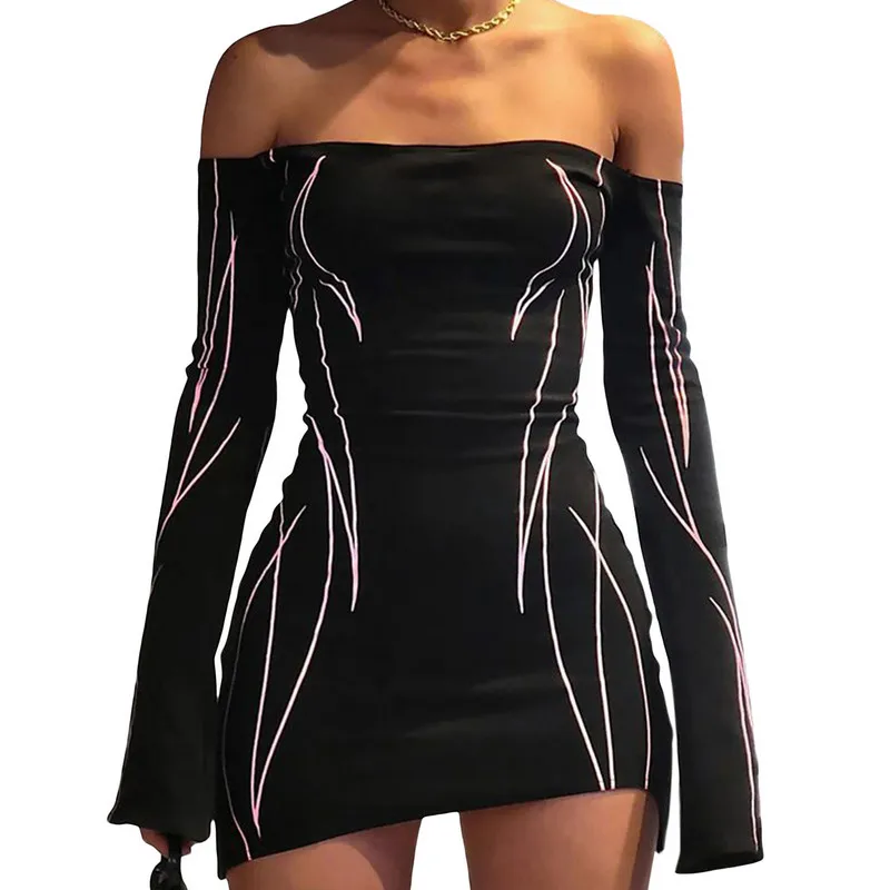 

WPNAKS Women Bodycon Mini Dress Evening Party Spring Summer Clothes Off Shoulder Striped Long Sleeve Dress Sexy Club