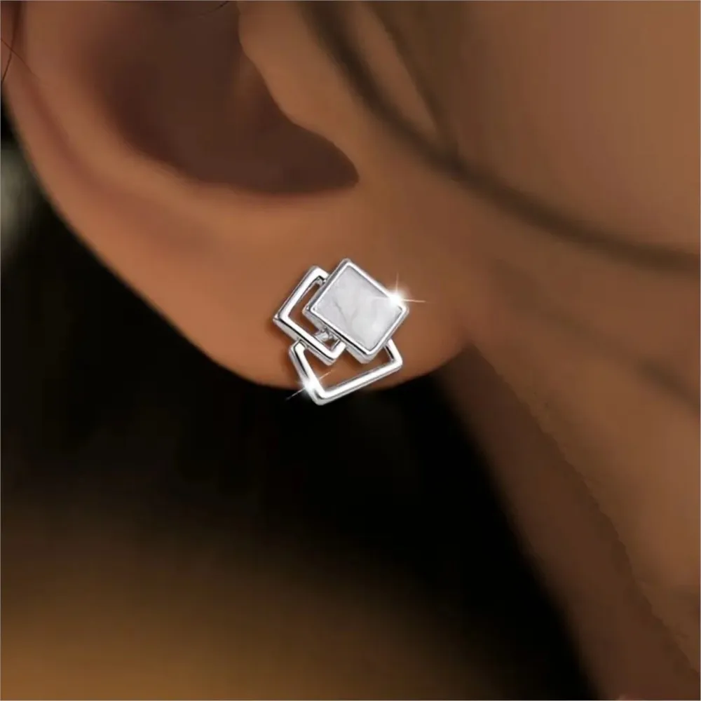 Silver Color Geometric Square Stud Earrings for Women Stylish Hypoallergenic Earring Daily Wear Jewelry Occasions