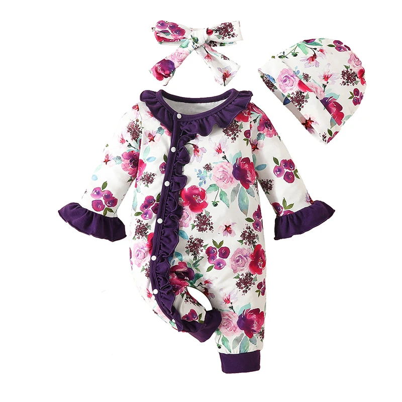 

Toddler Infant Baby Girl Romper Outfits Flared Sleeve Floral Ruffle Jumpsuits Hat with Hairband Baby Gril Clothes 0-18 Months