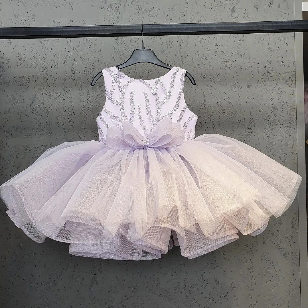 Cute Puffy Lilac Ball Gown Girl Pageant Dress Sequined Flower Girl Dresses Tulle Satin Bow First