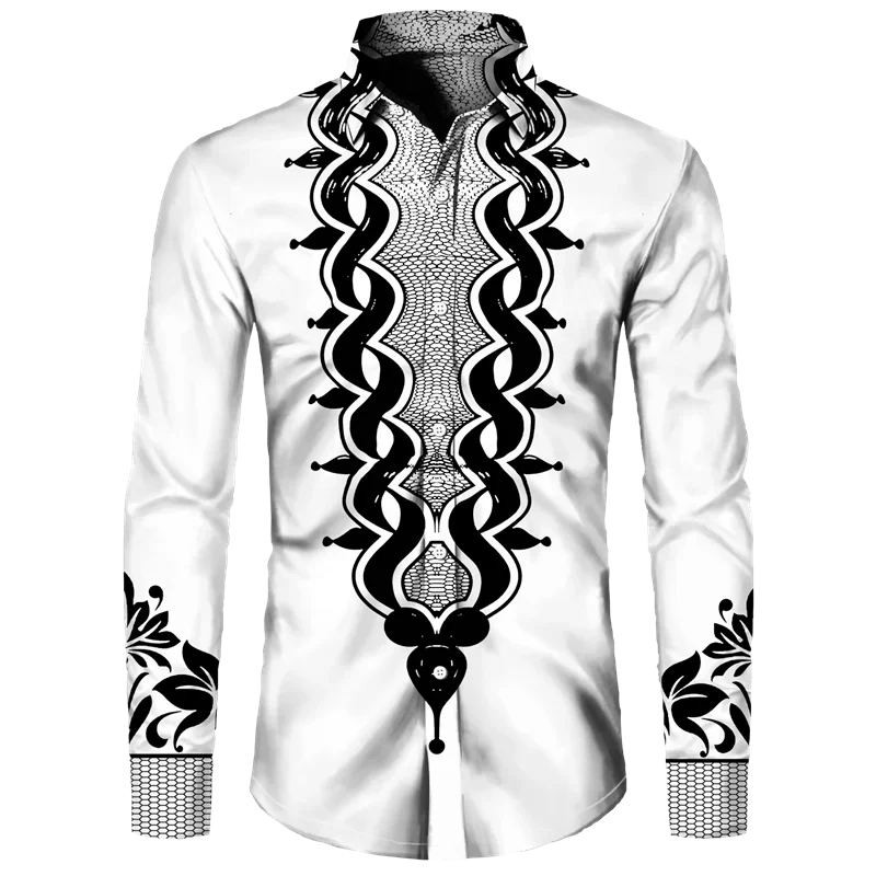 thumbnail image 1 of Camisas con cuello vuelto y botones con estampado dashiki africano para hombre, blusas casuales de manga larga, ropa de calle de estilo étnico, camisa, 1 of 5
