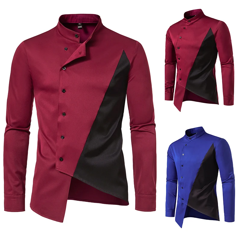 New Men's Irregular Color Blocking Long Sleeve Shirt Standing Collar Dress Shirt African Shirt Men's Design Button Down Shirt