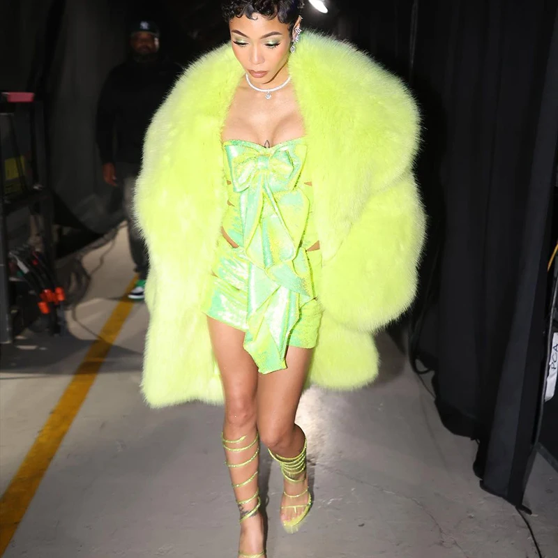 Women Luxury Brand Runway Fashion Long Hooded Faux Fur Coat Jacket Ins Nicki Minaj Neon Green Chunky Overcoat Outerwear