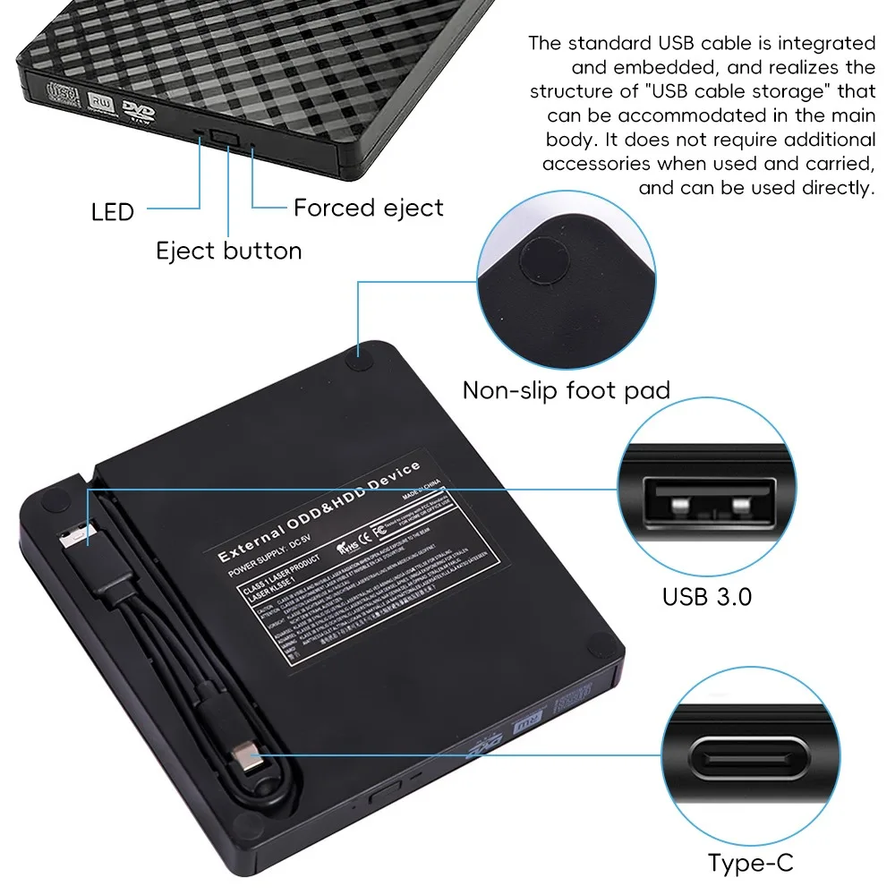 유형 C 및 USB 3.0 2in1 슬림 외부 DVD RW CD 라이터 슬림 광학 드라이브 버너 리더 플레이어 트레이 유형 휴대용 PC 노트북