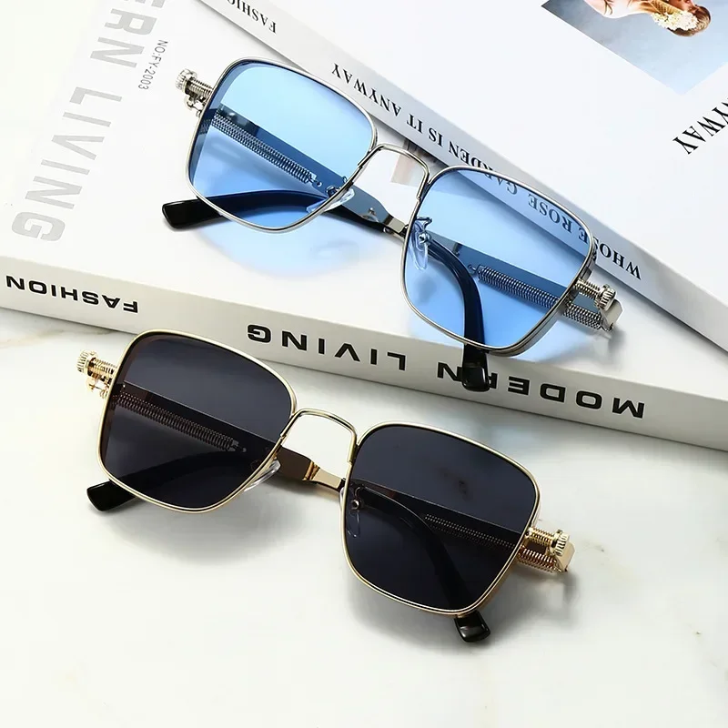 Retro Steampunk Men's Sunglasses European American Style Box Edge Personalized Metal Springs UV400