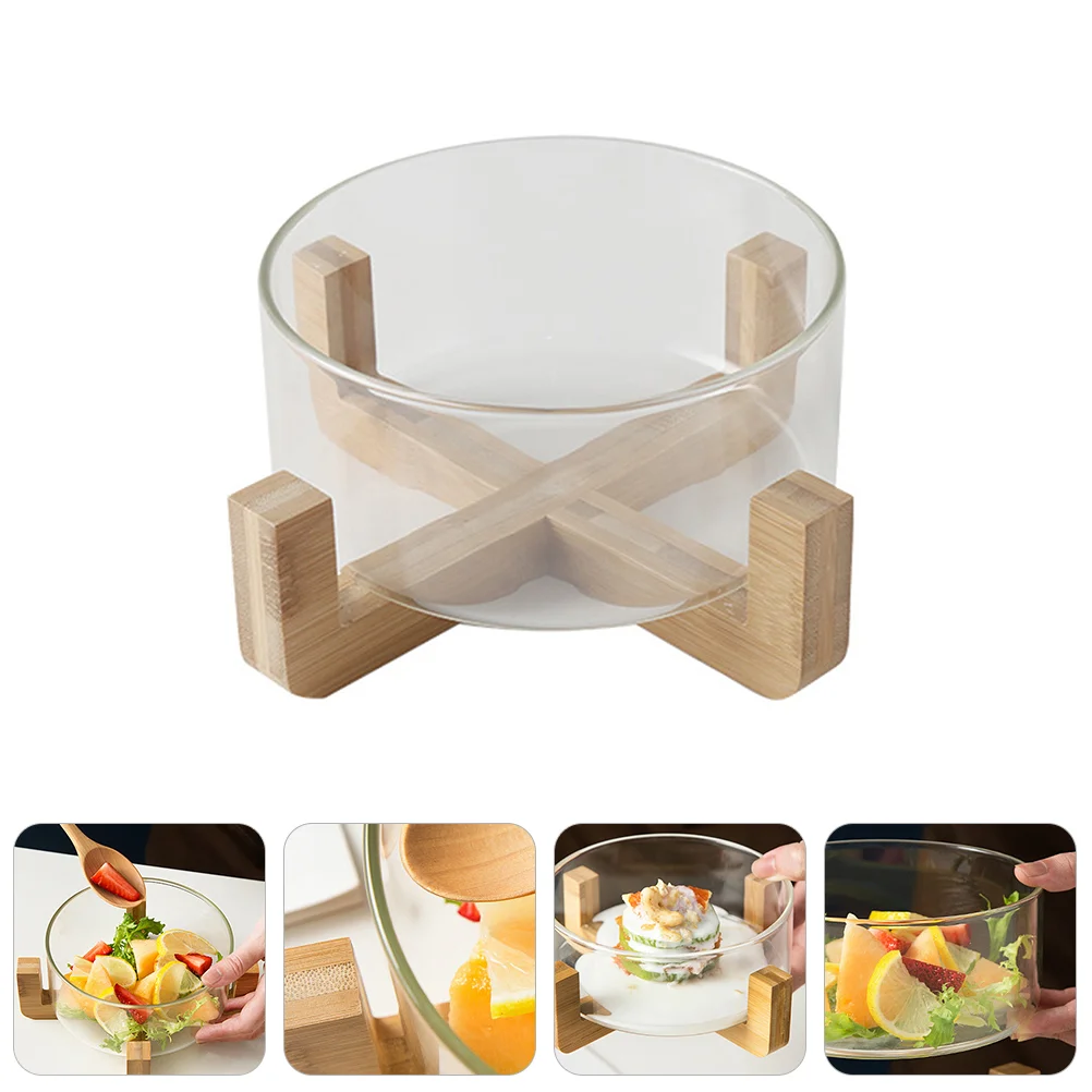 

Glass Salad Bowl Transparent Heatproof Fruit Storage Bowl With Wooden Base Salad Serving Containers Kitchen Gadgets Accessories