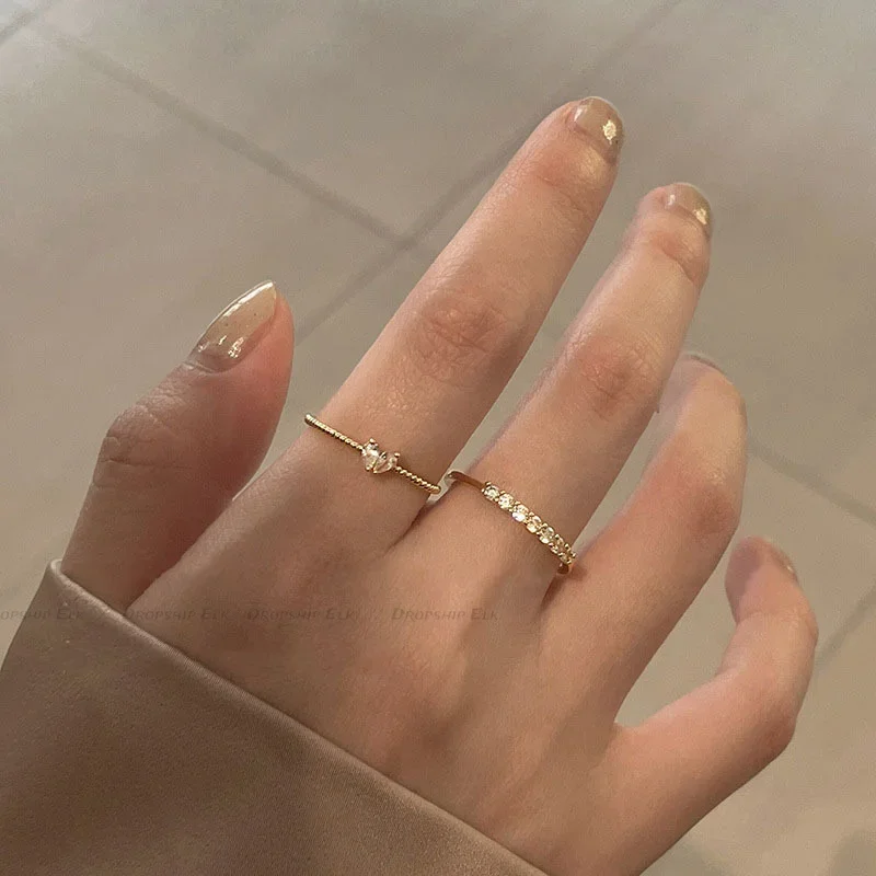Gold Color Heart Zircon Rings Set for Women Girls Adjustable Minimalism Luxury Twist Ring Wedding Gifts 2pcs/set