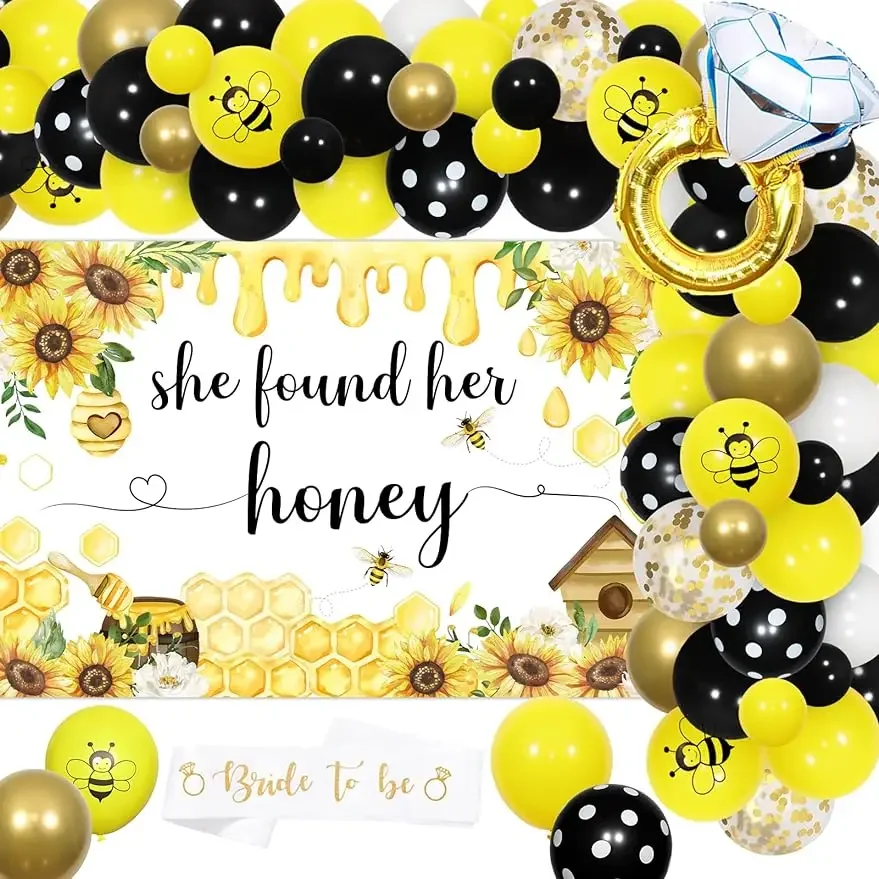 

Bee Bridal Shower Decor She Found Her Honey Backdrop Bachelorette Decor Bride To Be Sash Bee Bridal Shower Arch Ring Balloon