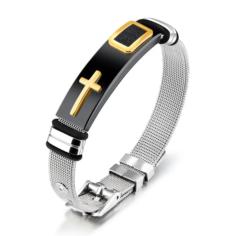 Bracelet Jewelry Length Adjustable Stainless Steel Strap Bracelets For Man Women Watch Band Style Punk Net Band Christian Cross Prayer Male