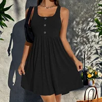 Fashionable plus size women's everyday sleeveless dress, square neck vest dress with button decoration